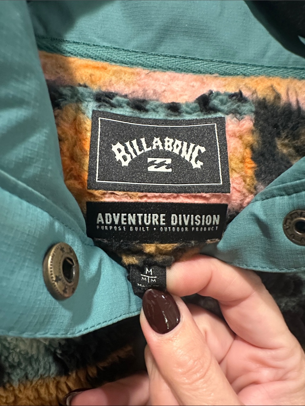 Billabong Teal, Pink & Black Patterned Zip-Up Sherpa Pullover - Picture 2 of 4